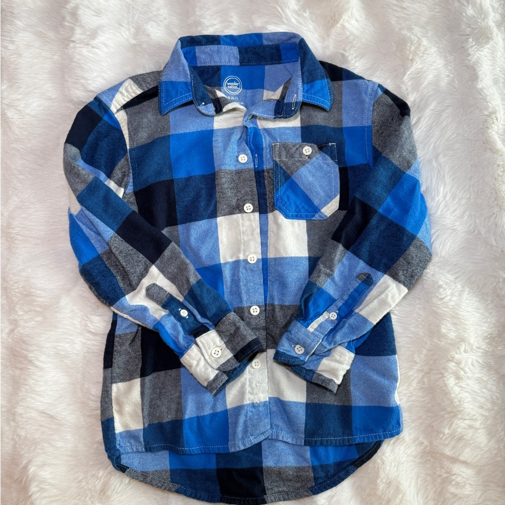 Wonder Nation Blue and Black Plaid Button Down Shirt | Size 6-7